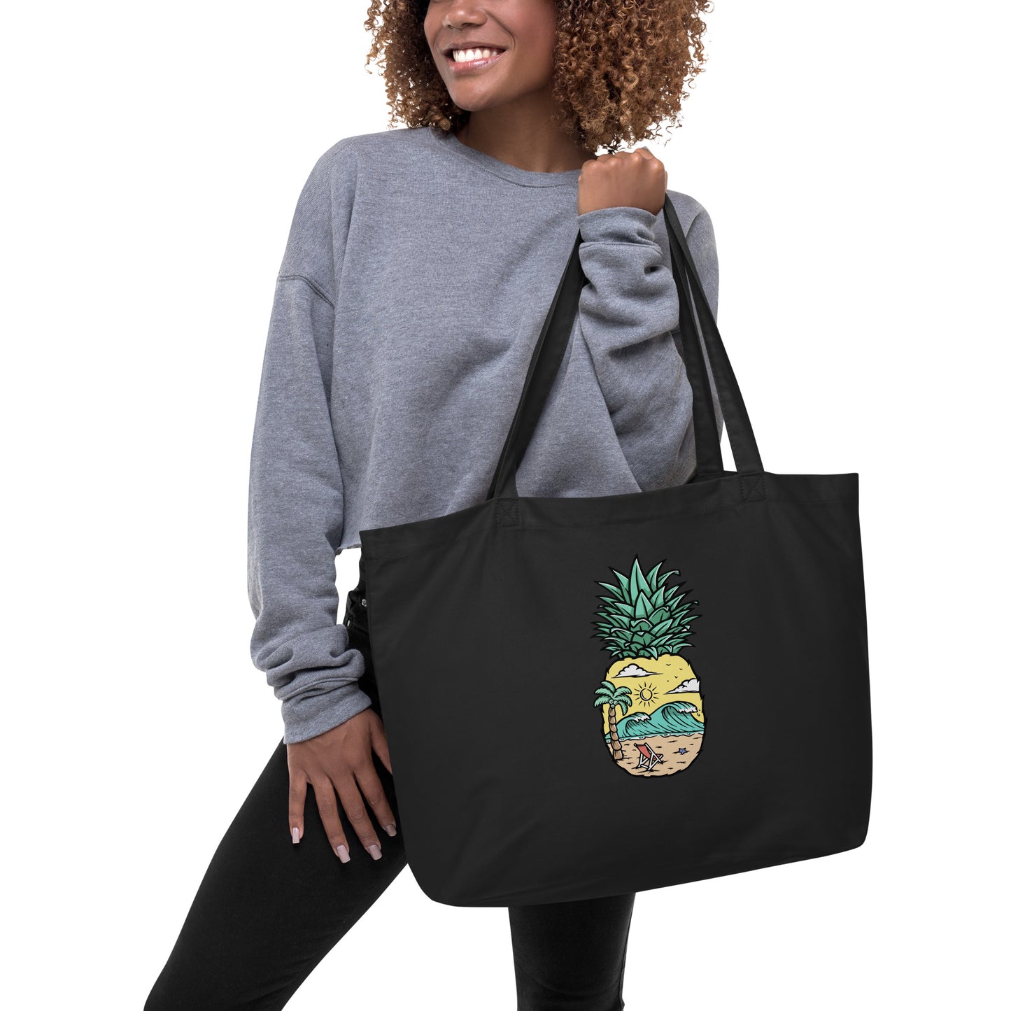 Pineapple Beach Large Black Tote Bag